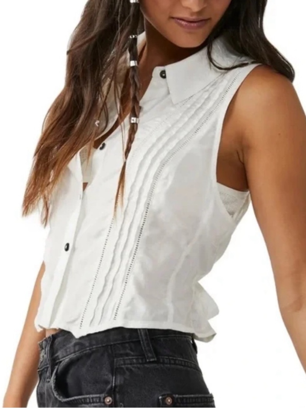 Free People Drive Back Pintuck Sleeveless Blouse XS
